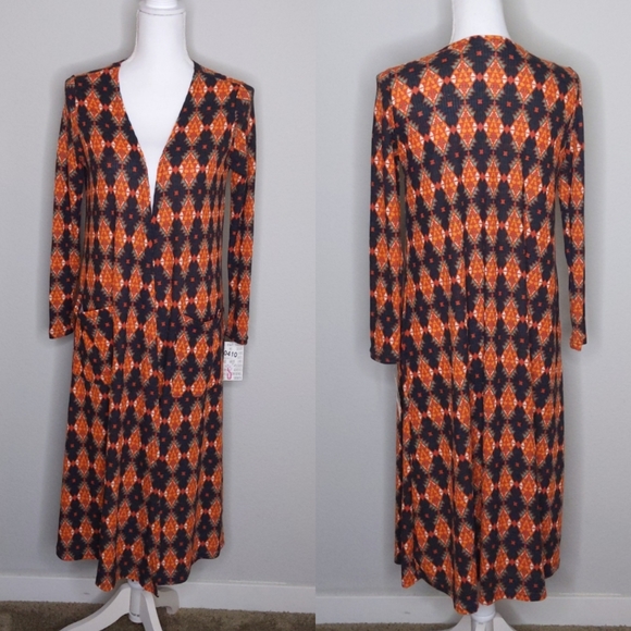 LuLaRoe Sarah Cardigan Duster Southwestern Sweater Long Open Front Orange Small - Picture 2 of 8